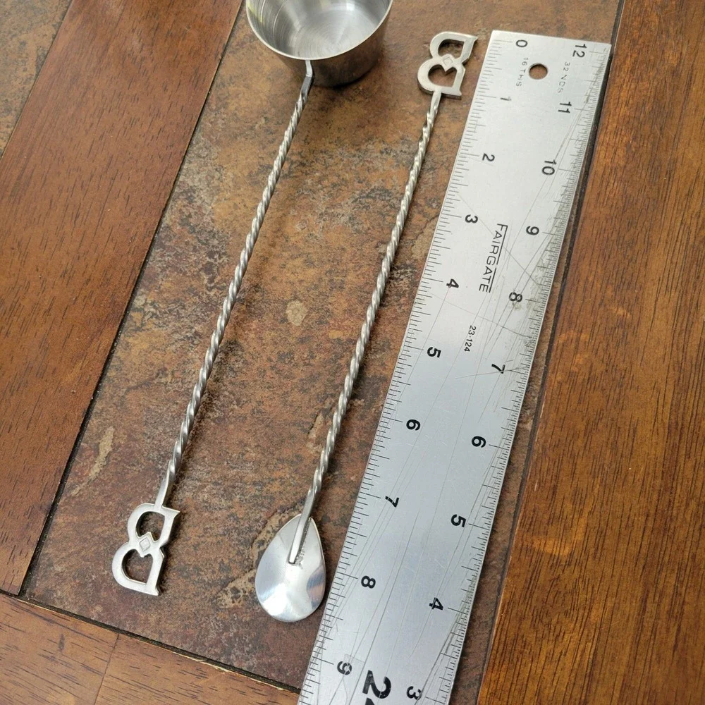 Vintage MCM Bar Set Cocktail Spoon & Long Handle Jigger Silver Stainless Steel